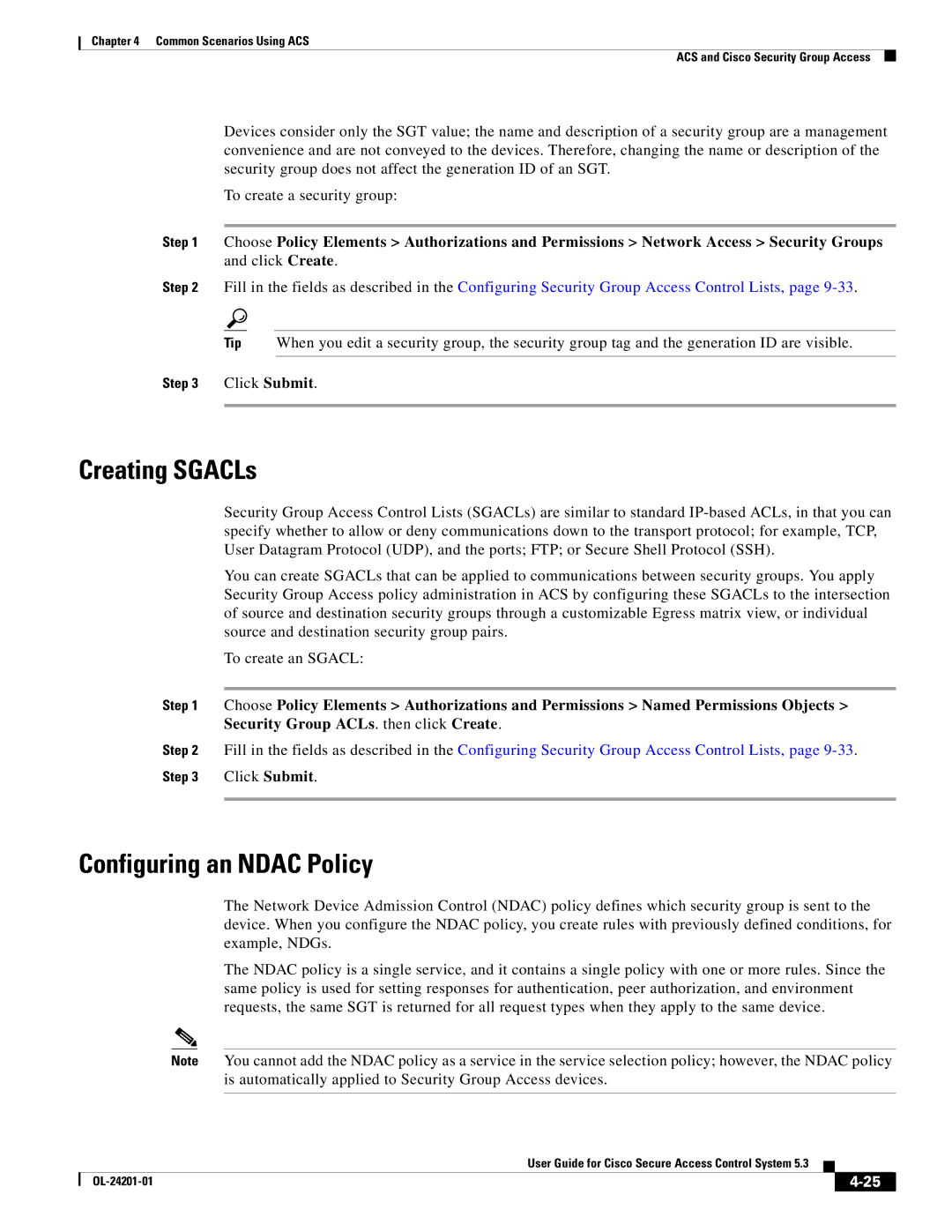 Cisco Systems OL-24201-01 manual Creating SGACLs, Configuring an Ndac Policy 