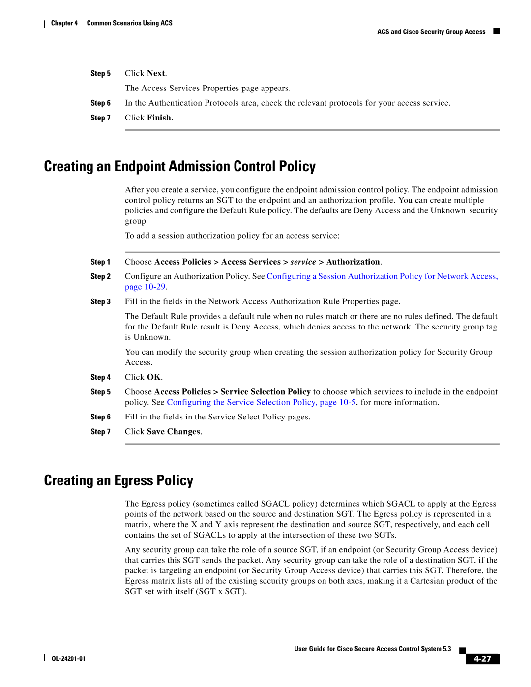 Cisco Systems OL-24201-01 manual Creating an Endpoint Admission Control Policy, Creating an Egress Policy 