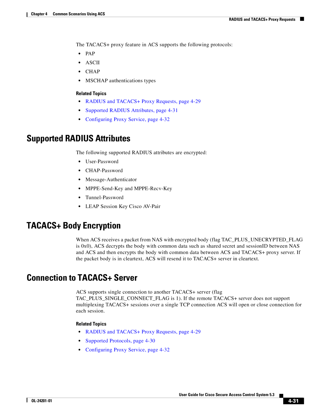 Cisco Systems OL-24201-01 manual Supported Radius Attributes, TACACS+ Body Encryption, Connection to TACACS+ Server 