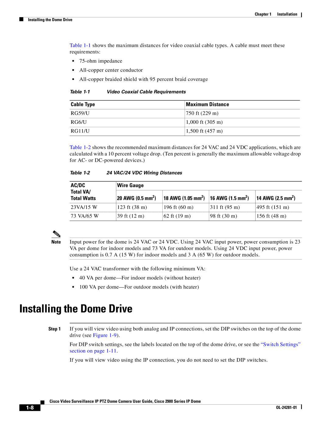 Cisco Systems OL-24281-01, 2900 manual Installing the Dome Drive, Cable Type, Maximum Distance, Wire Gauge Total VA 