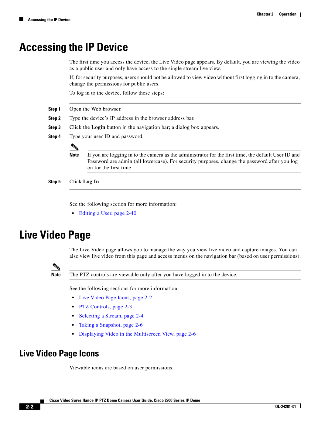 Cisco Systems OL-24281-01, 2900 manual Accessing the IP Device, Live Video Page Icons 