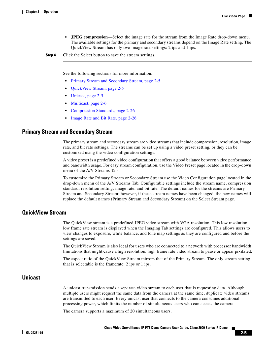 Cisco Systems 2900, OL-24281-01 manual Primary Stream and Secondary Stream, QuickView Stream, Unicast 