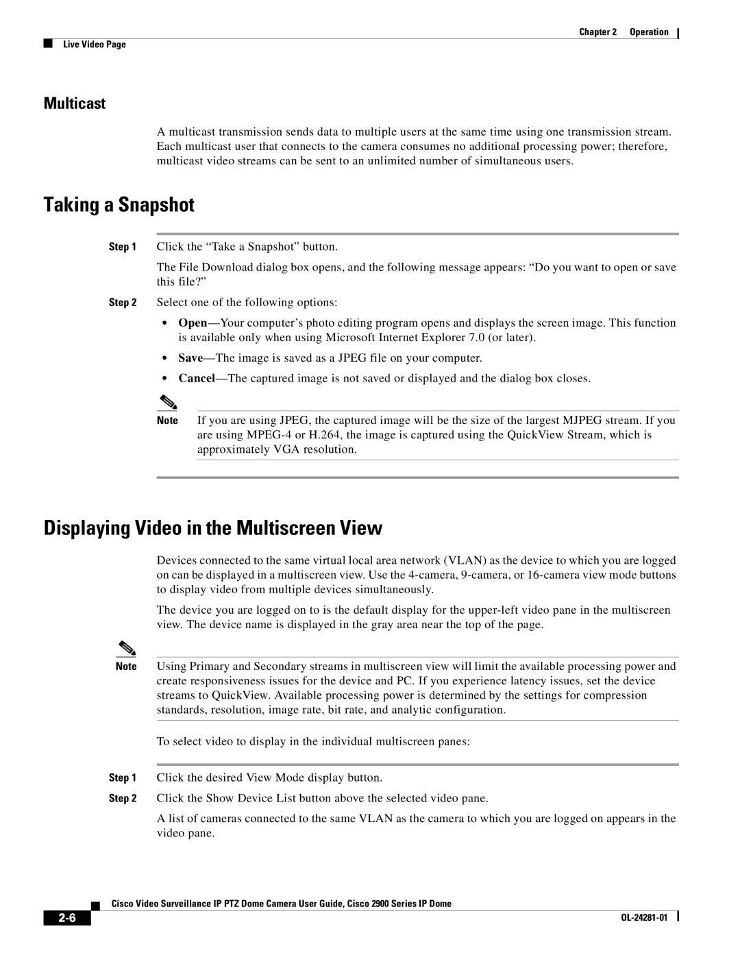Cisco Systems OL-24281-01, 2900 manual Taking a Snapshot, Displaying Video in the Multiscreen View, Multicast 