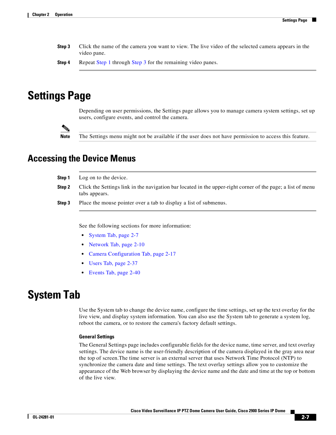 Cisco Systems 2900, OL-24281-01 manual System Tab, Accessing the Device Menus, General Settings 