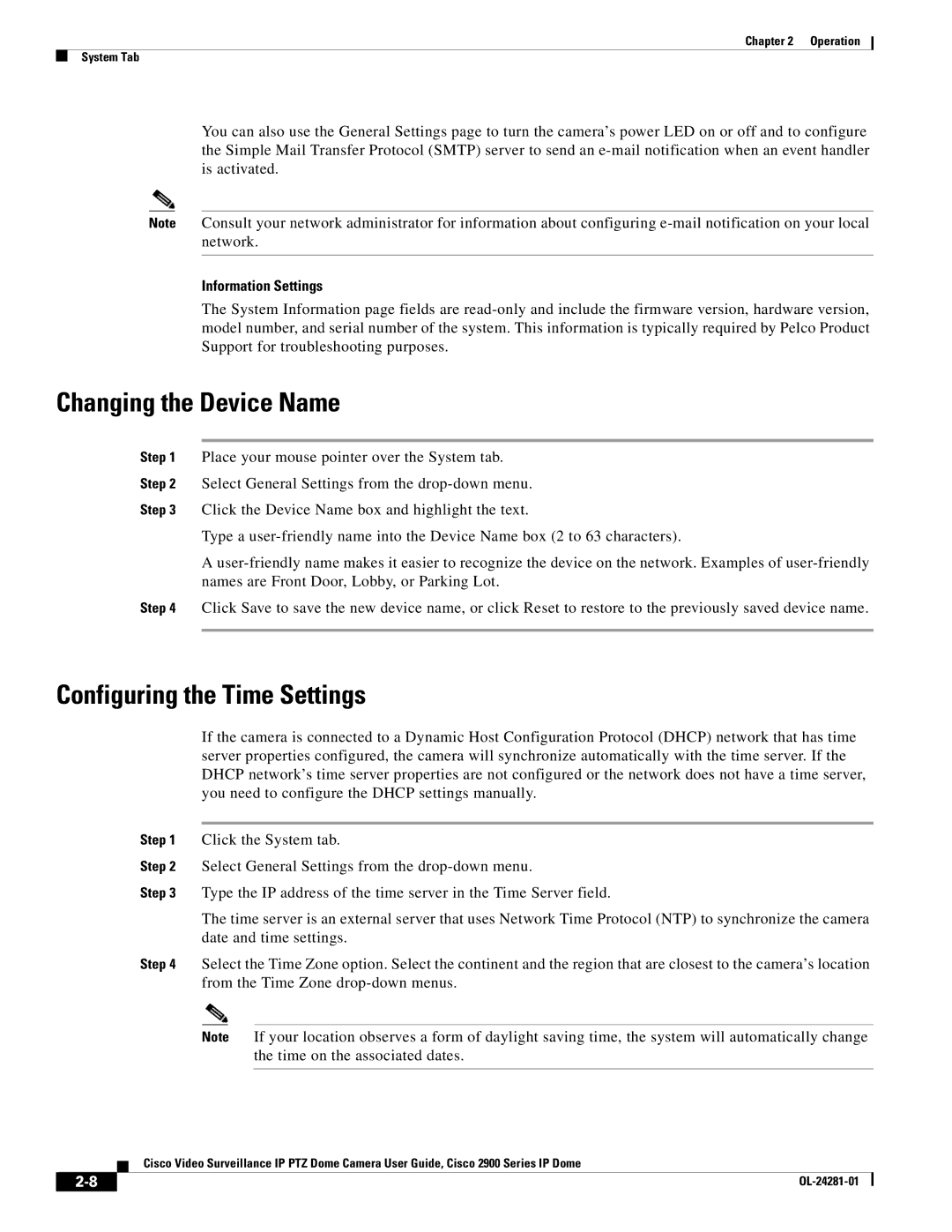 Cisco Systems OL-24281-01, 2900 manual Changing the Device Name, Configuring the Time Settings, Information Settings 