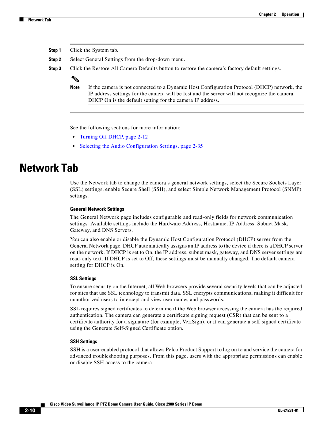 Cisco Systems OL-24281-01, 2900 manual Network Tab, General Network Settings, SSL Settings, SSH Settings 