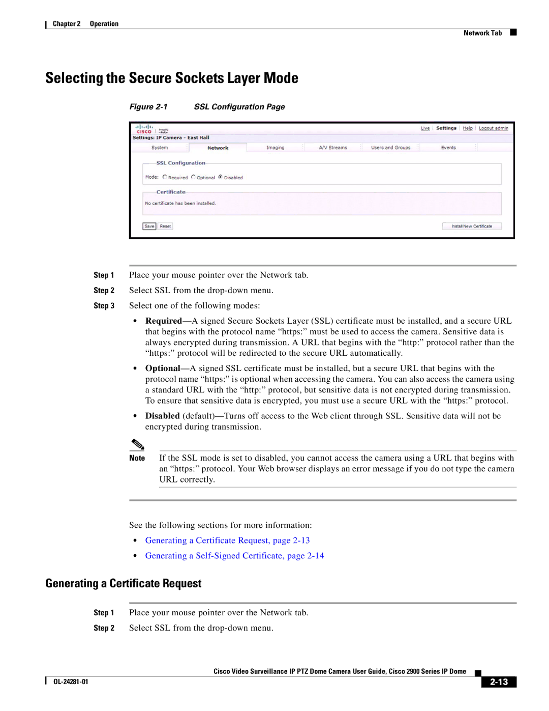 Cisco Systems 2900, OL-24281-01 manual Selecting the Secure Sockets Layer Mode, Generating a Certificate Request 