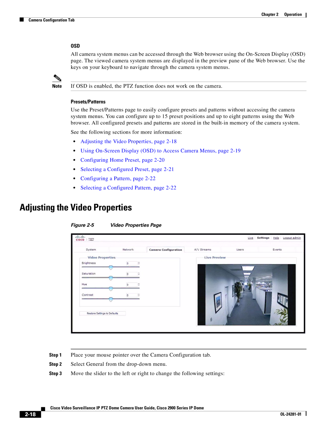 Cisco Systems OL-24281-01, 2900 manual Adjusting the Video Properties, Presets/Patterns 