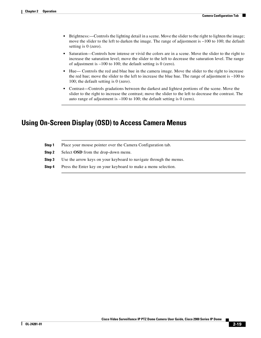 Cisco Systems 2900, OL-24281-01 manual Using On-Screen Display OSD to Access Camera Menus 