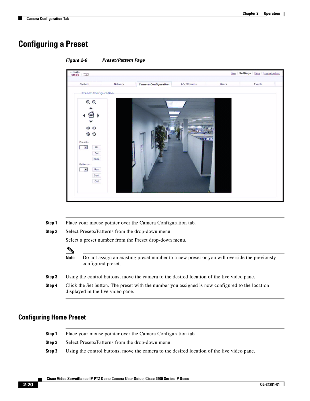 Cisco Systems OL-24281-01, 2900 manual Configuring a Preset, Configuring Home Preset 