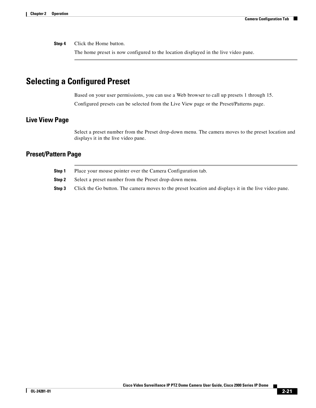 Cisco Systems 2900, OL-24281-01 manual Selecting a Configured Preset, Live View, Preset/Pattern 