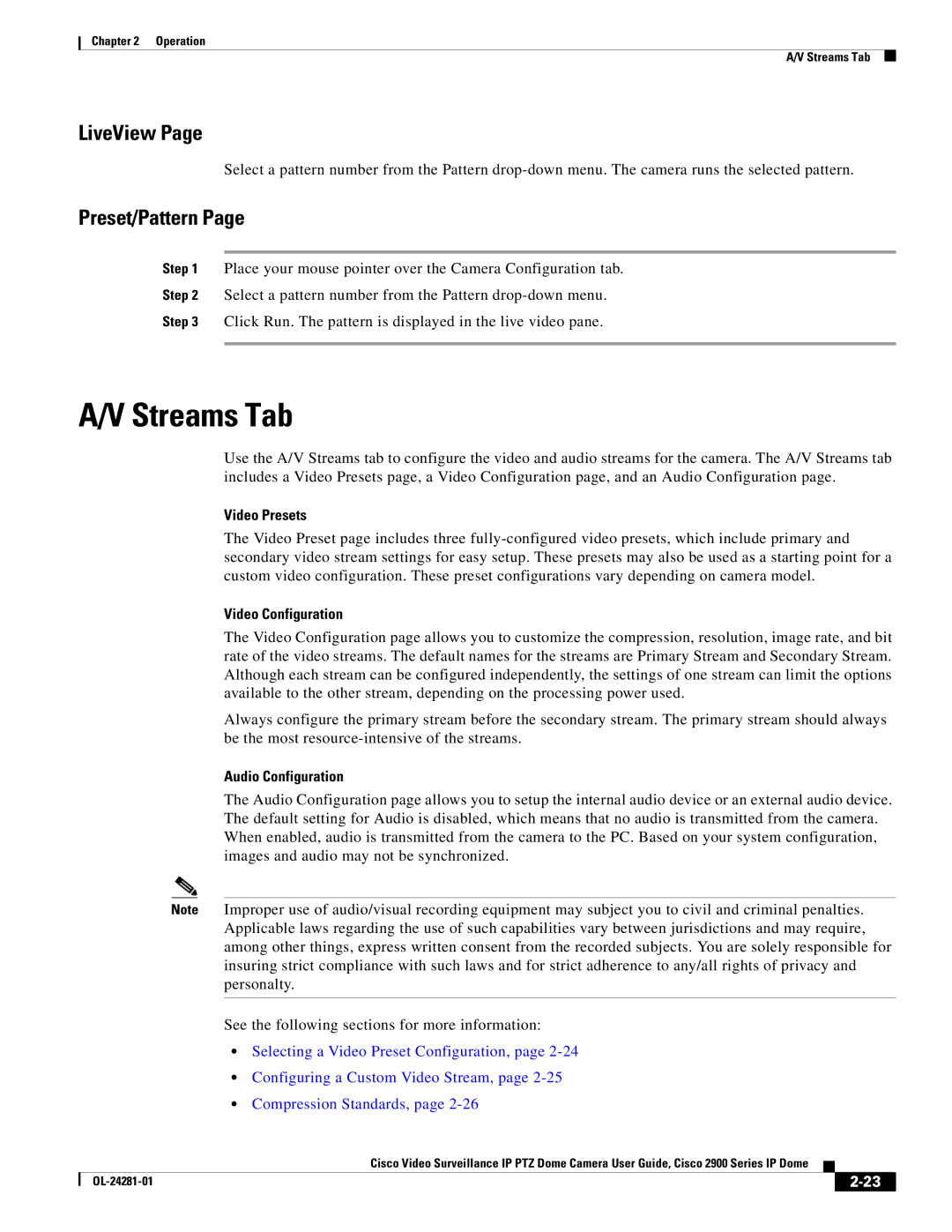 Cisco Systems 2900, OL-24281-01 manual Streams Tab, LiveView, Video Presets, Video Configuration, Audio Configuration 