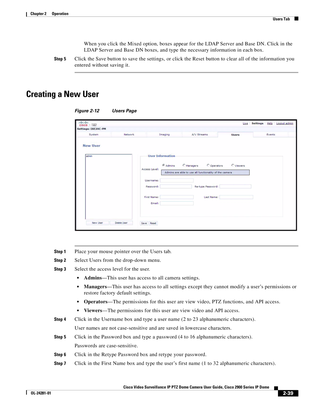 Cisco Systems 2900, OL-24281-01 manual Creating a New User 