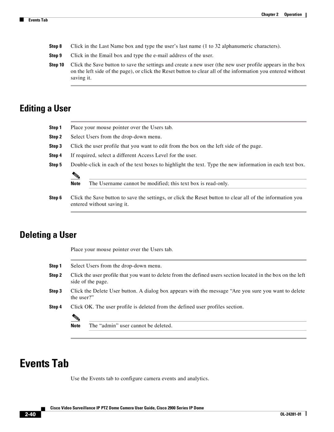 Cisco Systems OL-24281-01, 2900 manual Events Tab, Editing a User, Deleting a User 