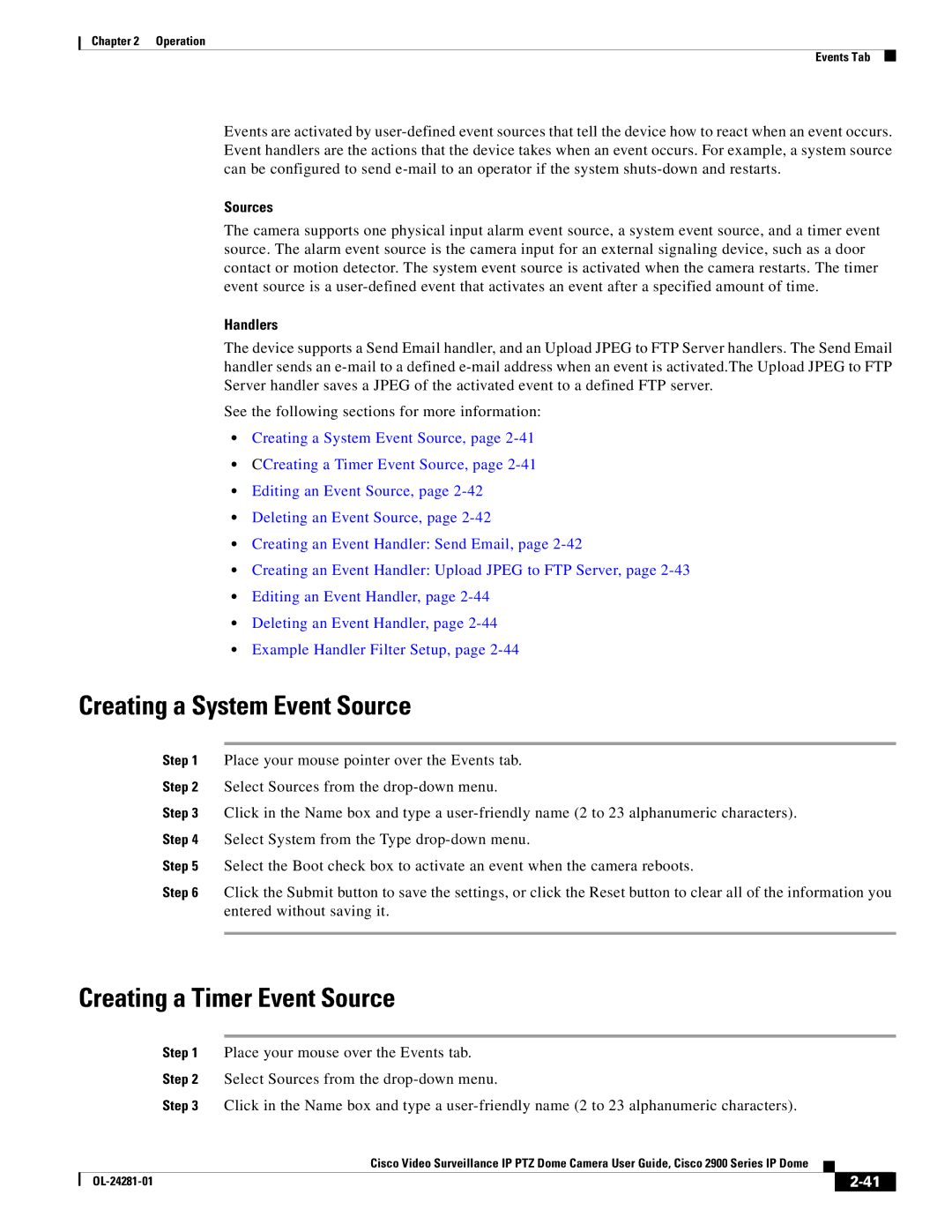 Cisco Systems 2900, OL-24281-01 manual Creating a System Event Source, Creating a Timer Event Source, Sources, Handlers 