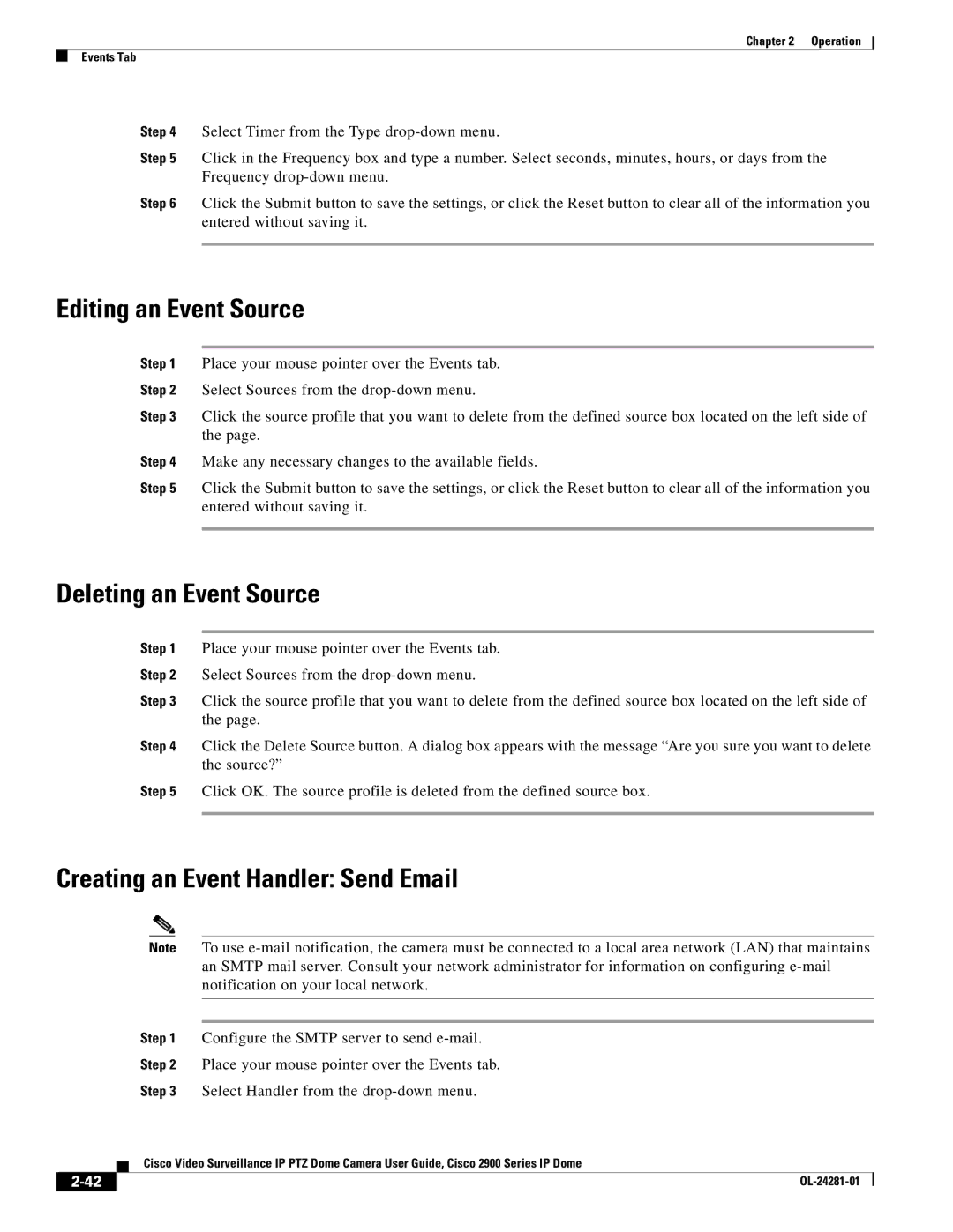 Cisco Systems OL-24281-01, 2900 Editing an Event Source, Deleting an Event Source, Creating an Event Handler Send Email 