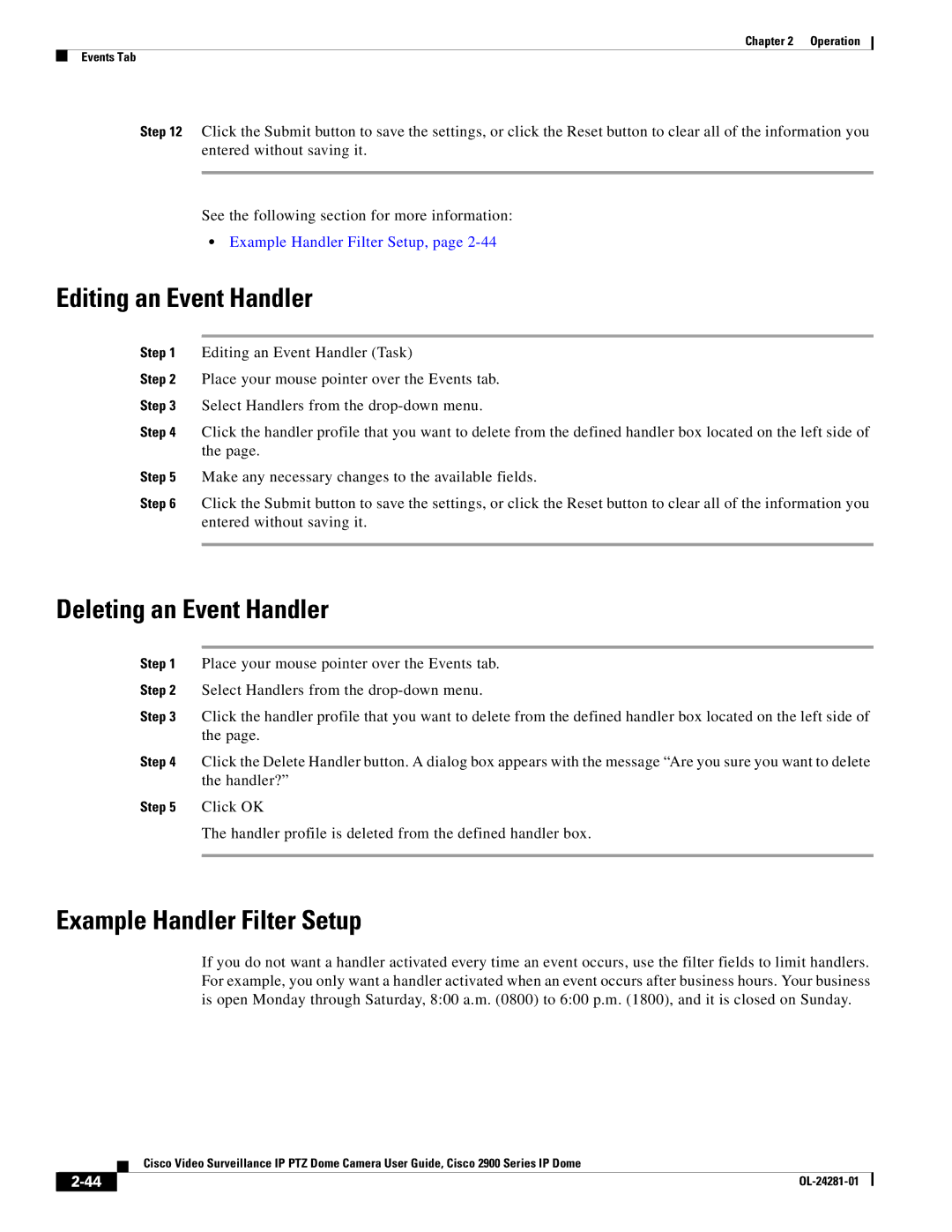 Cisco Systems OL-24281-01, 2900 manual Editing an Event Handler, Deleting an Event Handler, Example Handler Filter Setup 