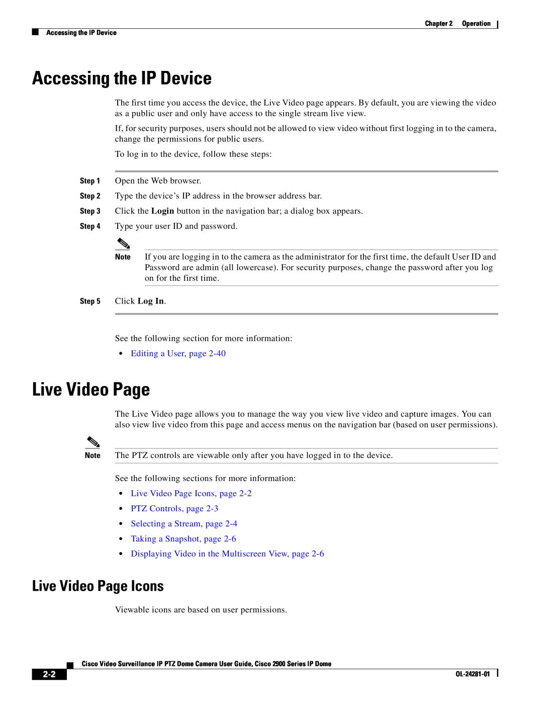 Cisco Systems OL-24281-01, 2900 manual Accessing the IP Device, Live Video Page Icons, Editing a User, page 