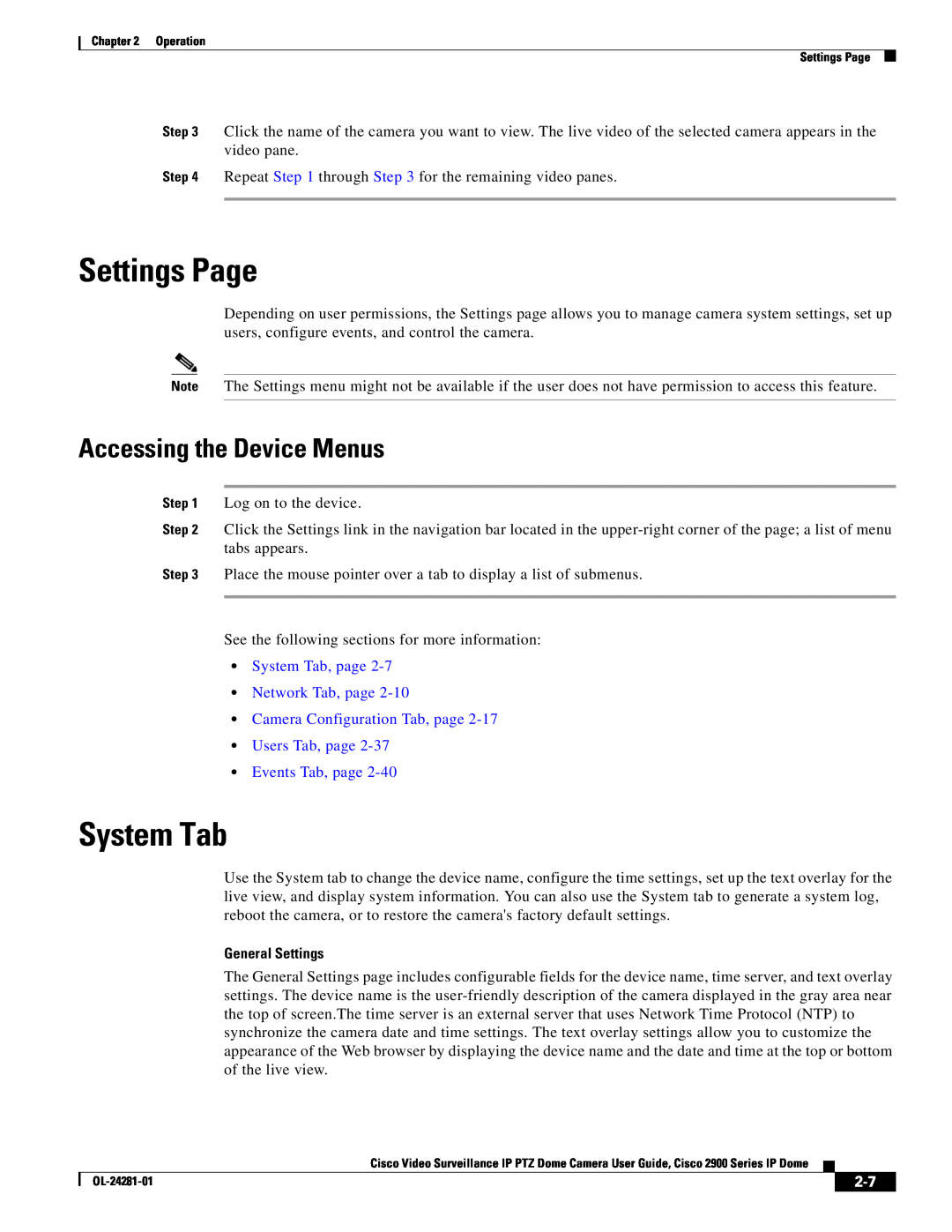 Cisco Systems 2900 Settings Page, Accessing the Device Menus, System Tab, page Network Tab, page, Events Tab, page 