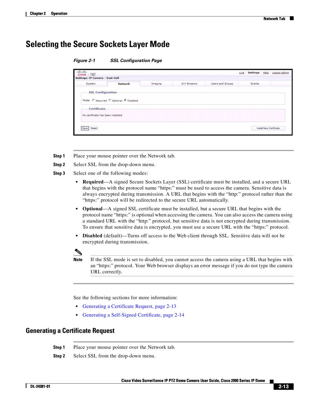 Cisco Systems 2900, OL-24281-01 manual Selecting the Secure Sockets Layer Mode, Generating a Certificate Request, 2-13 