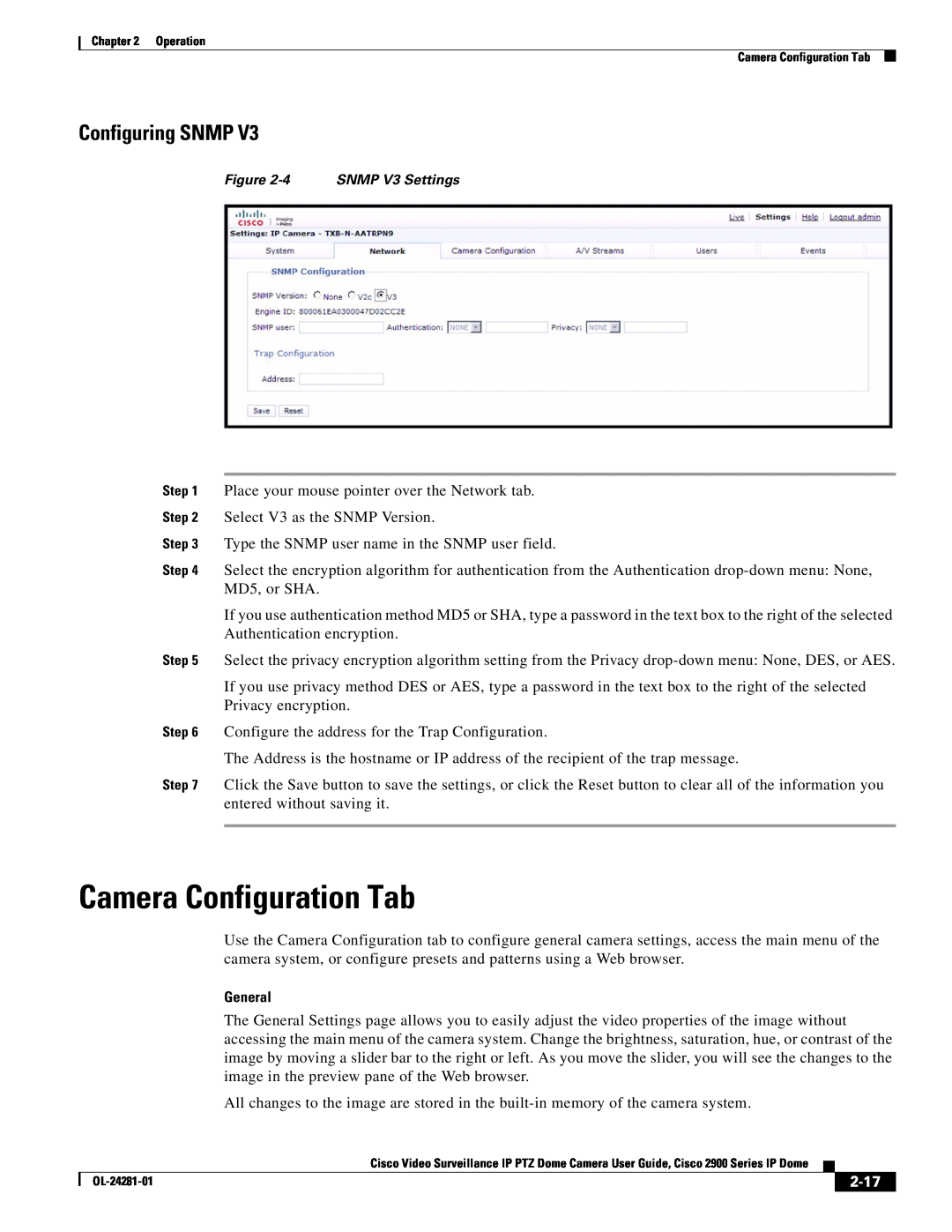 Cisco Systems 2900, OL-24281-01 manual Camera Configuration Tab, Configuring SNMP, 2-17 