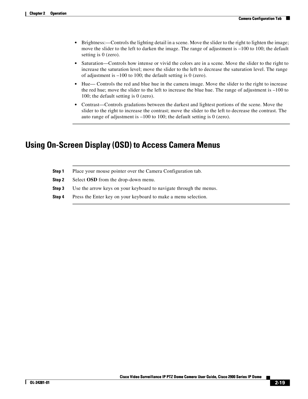 Cisco Systems 2900, OL-24281-01 manual Using On-ScreenDisplay OSD to Access Camera Menus, 2-19 