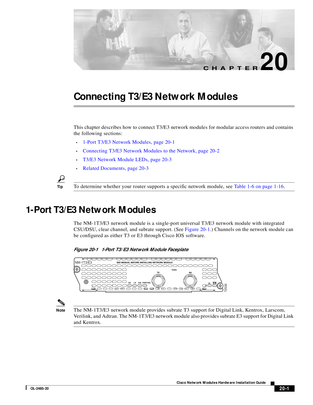 Cisco Systems OL-2485-20 manual Port T3/E3 Network Modules, 20-1, Connecting T3/E3 Network Modules, C H A P T E R 