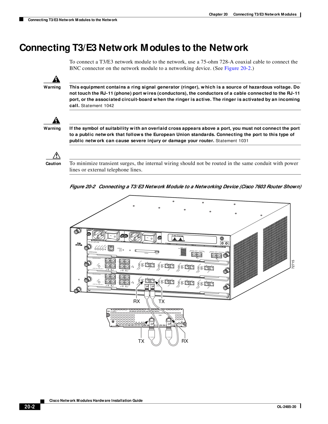 Cisco Systems OL-2485-20 manual Connecting T3/E3 Network Modules to the Network, 20-2, Rx Tx, Txrx 