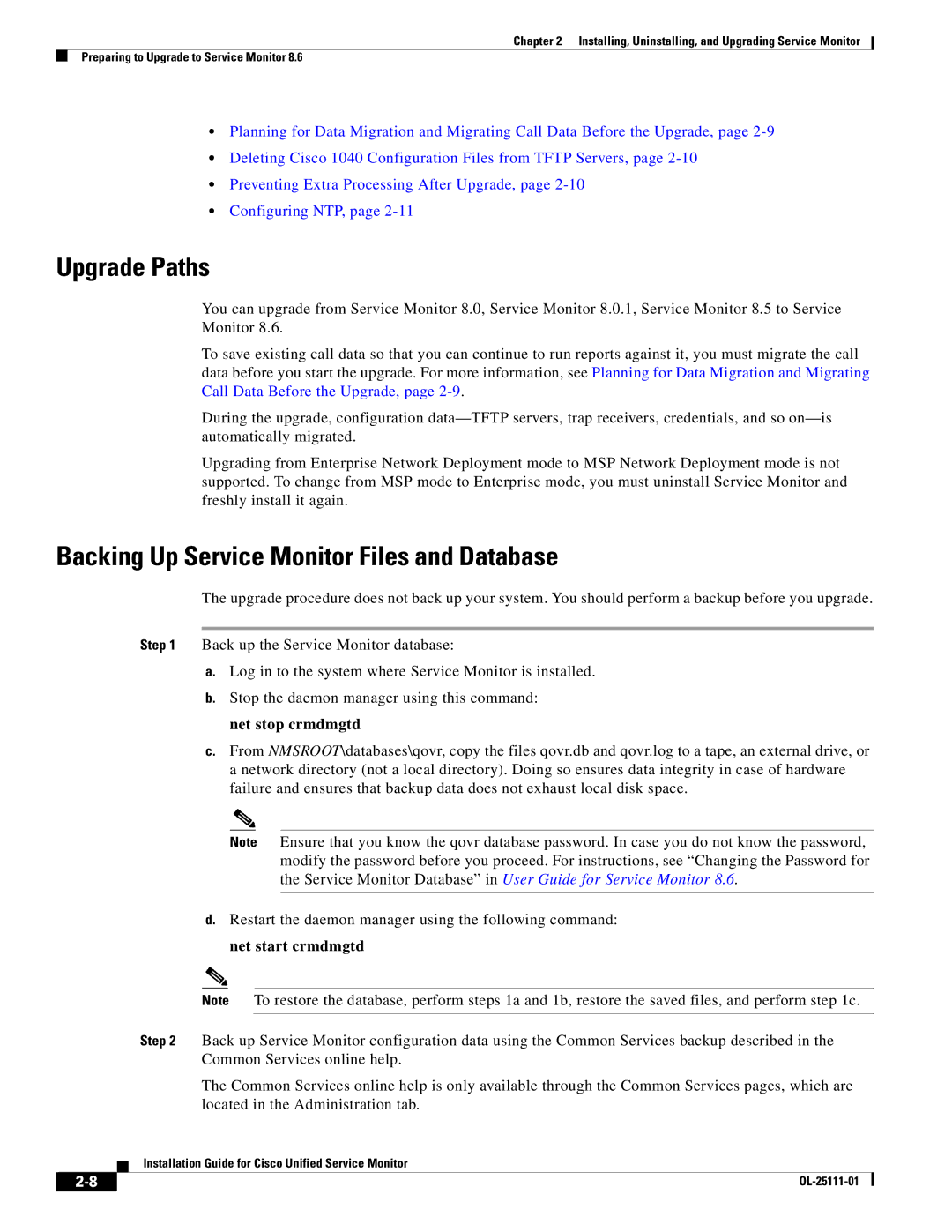 Cisco Systems OL-25111-01 manual Upgrade Paths, Backing Up Service Monitor Files and Database 