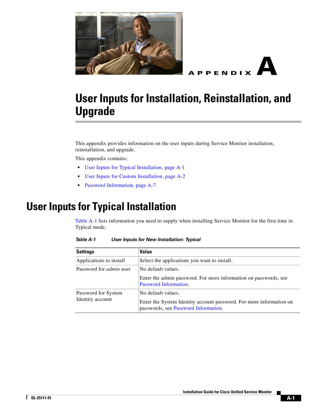 Cisco Systems OL-25111-01 manual User Inputs for Typical Installation, Settings Value, Password Information 