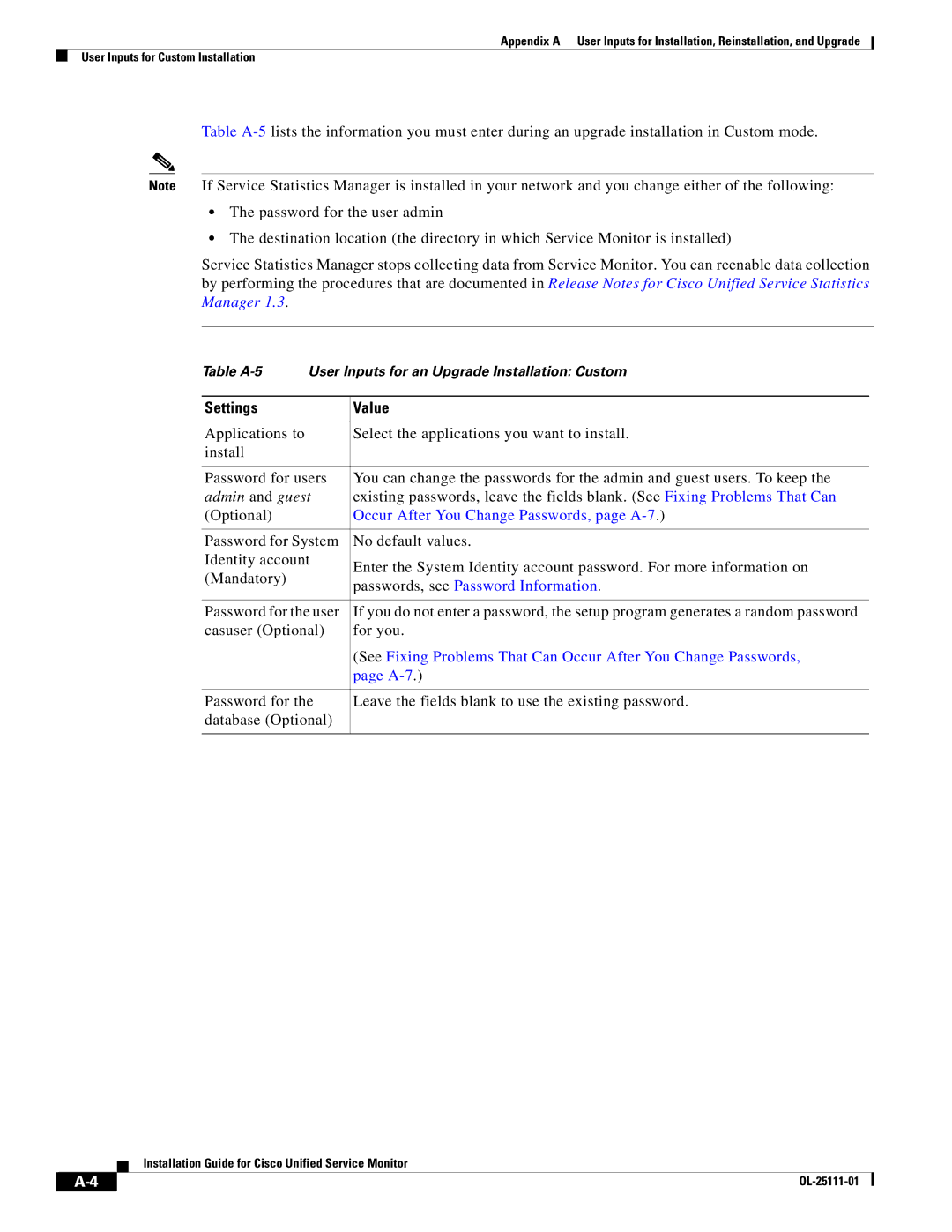 Cisco Systems OL-25111-01 manual Occur After You Change Passwords, page A-7 