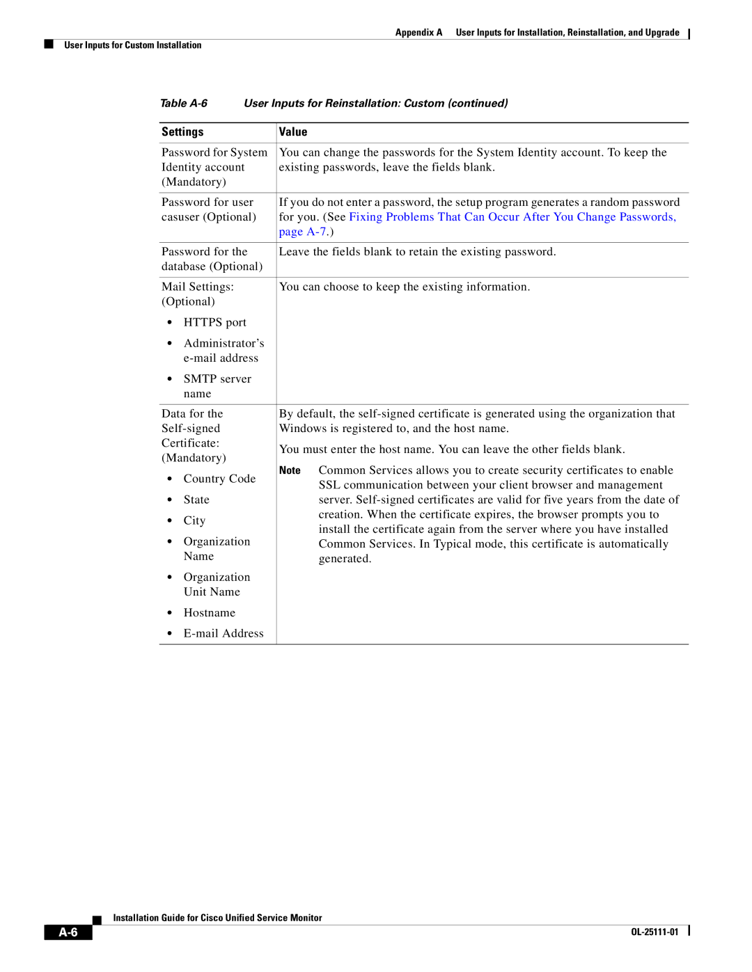 Cisco Systems OL-25111-01 manual Settings Value 