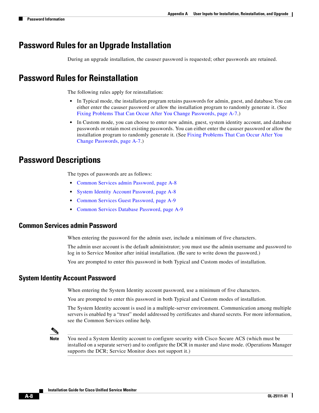 Cisco Systems OL-25111-01 manual Password Rules for an Upgrade Installation, Password Rules for Reinstallation 