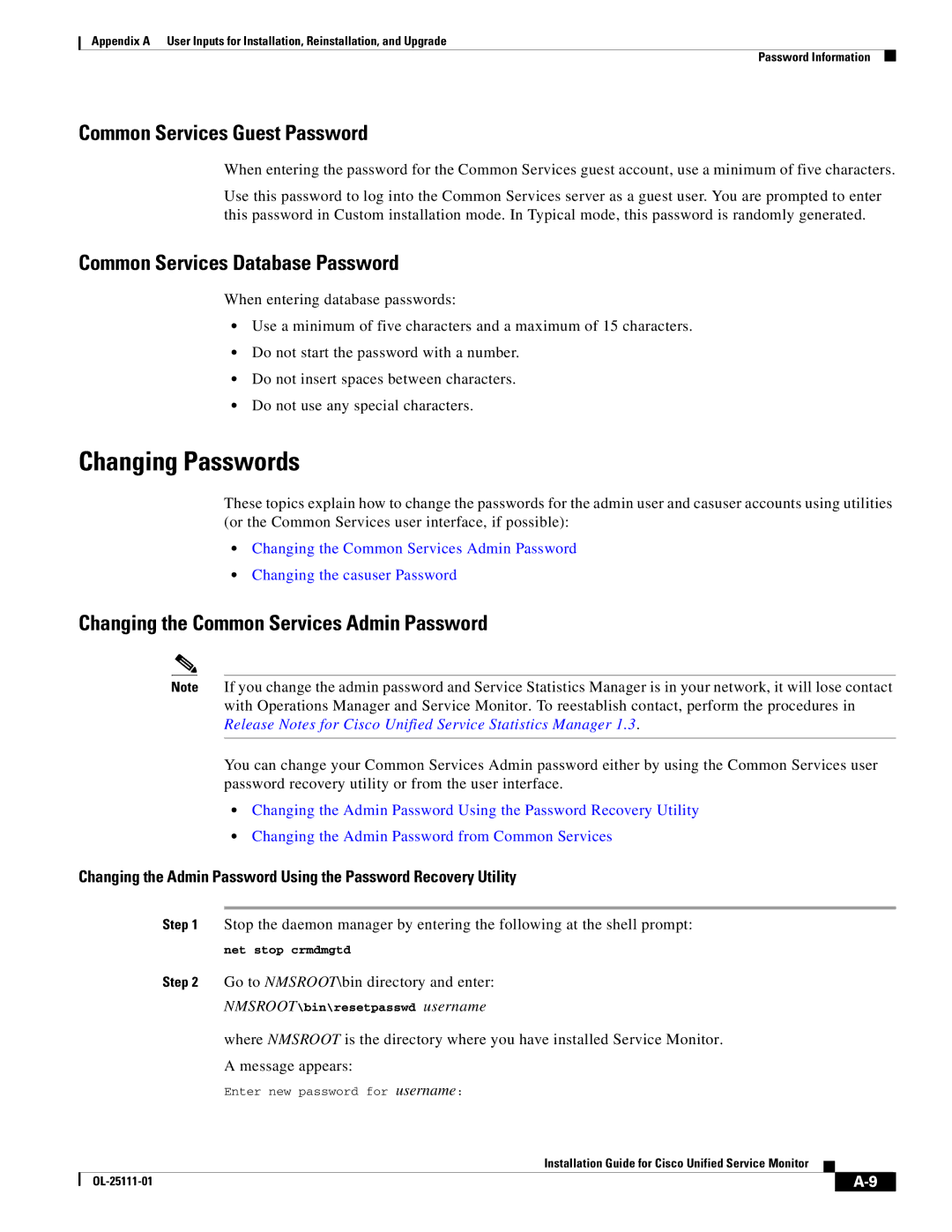 Cisco Systems OL-25111-01 manual Changing Passwords, Common Services Guest Password 