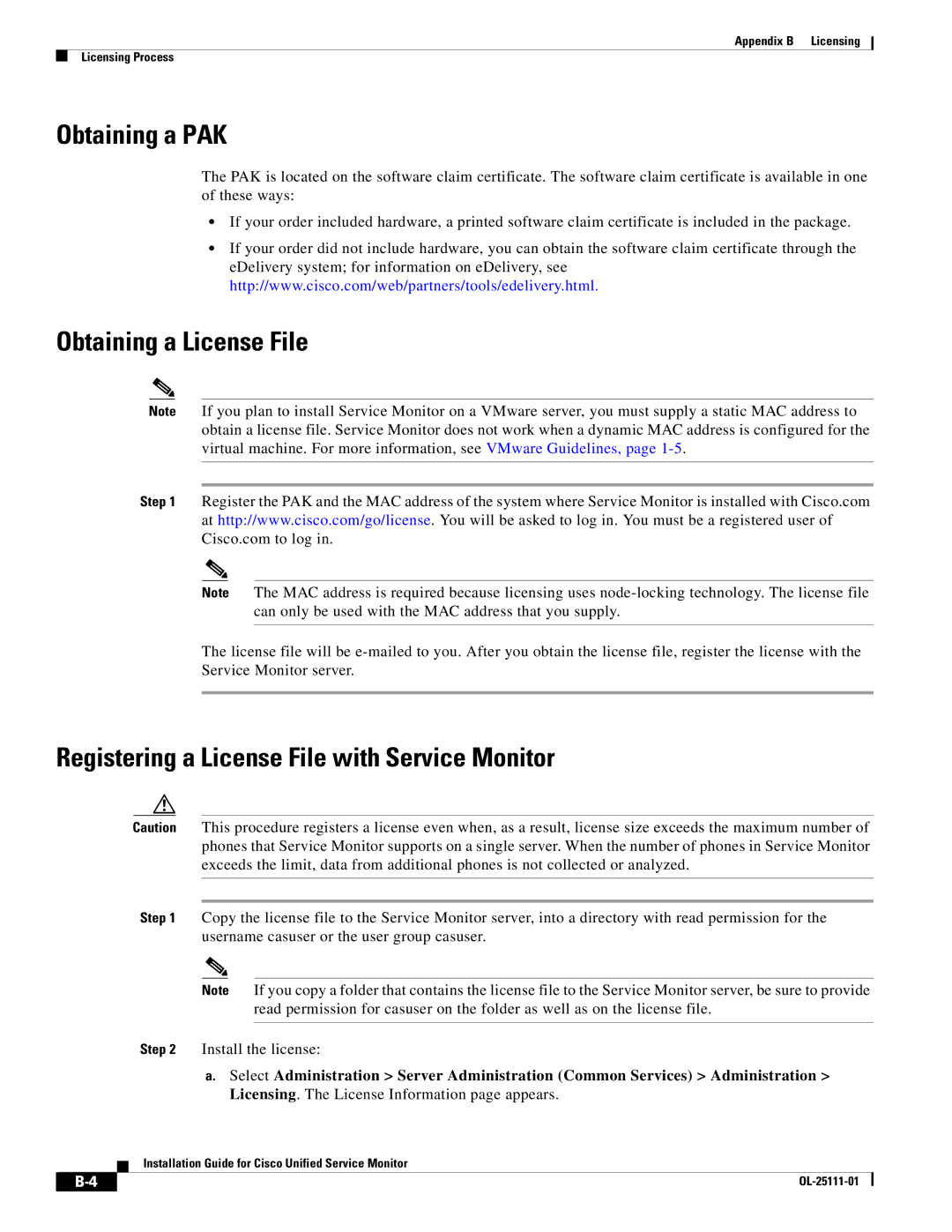 Cisco Systems OL-25111-01 manual Obtaining a PAK, Obtaining a License File, Registering a License File with Service Monitor 