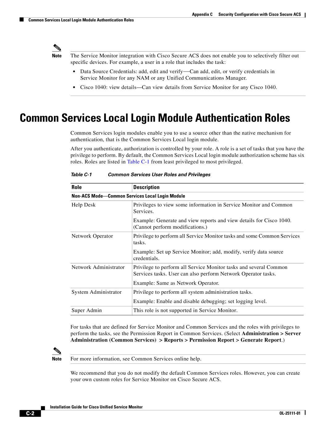 Cisco Systems OL-25111-01 manual Common Services Local Login Module Authentication Roles, Role Description 