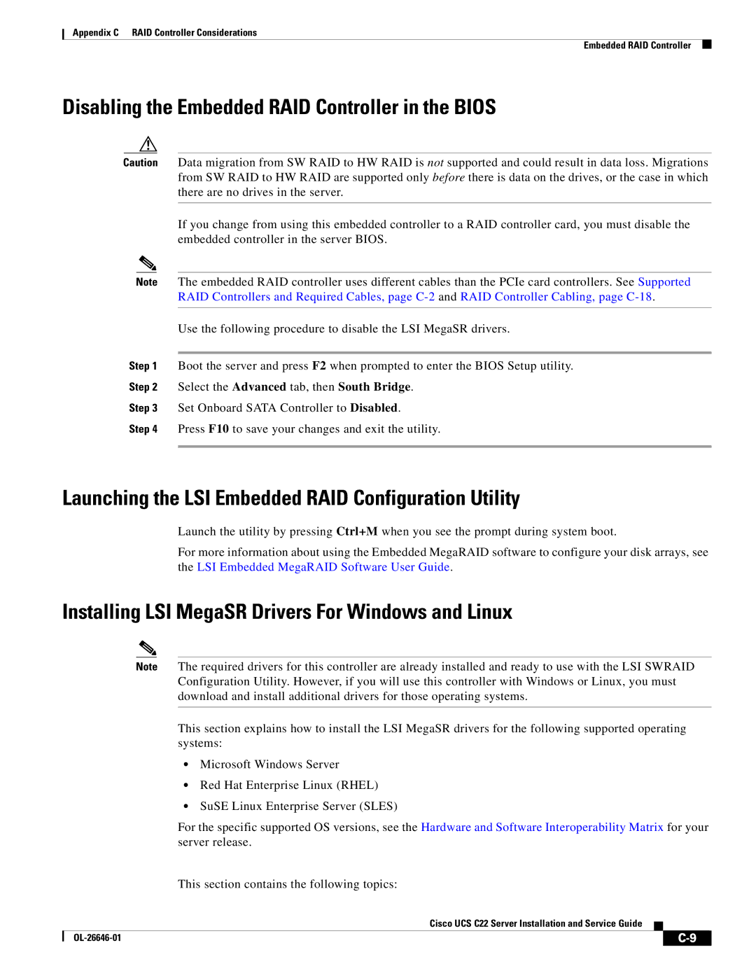 Cisco Systems OL-26646-01 manual Disabling the Embedded RAID Controller in the Bios 