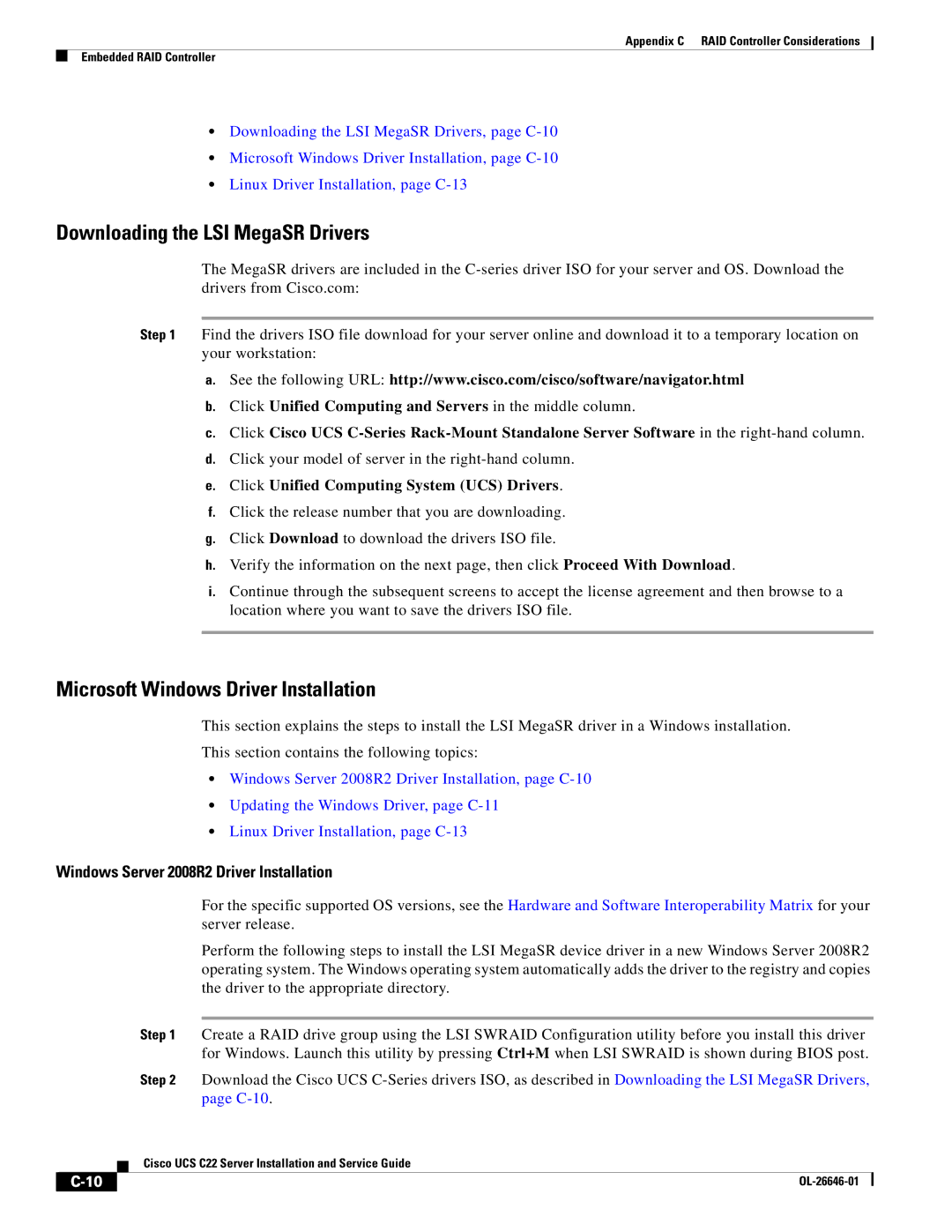 Cisco Systems OL-26646-01 manual Downloading the LSI MegaSR Drivers, Microsoft Windows Driver Installation 