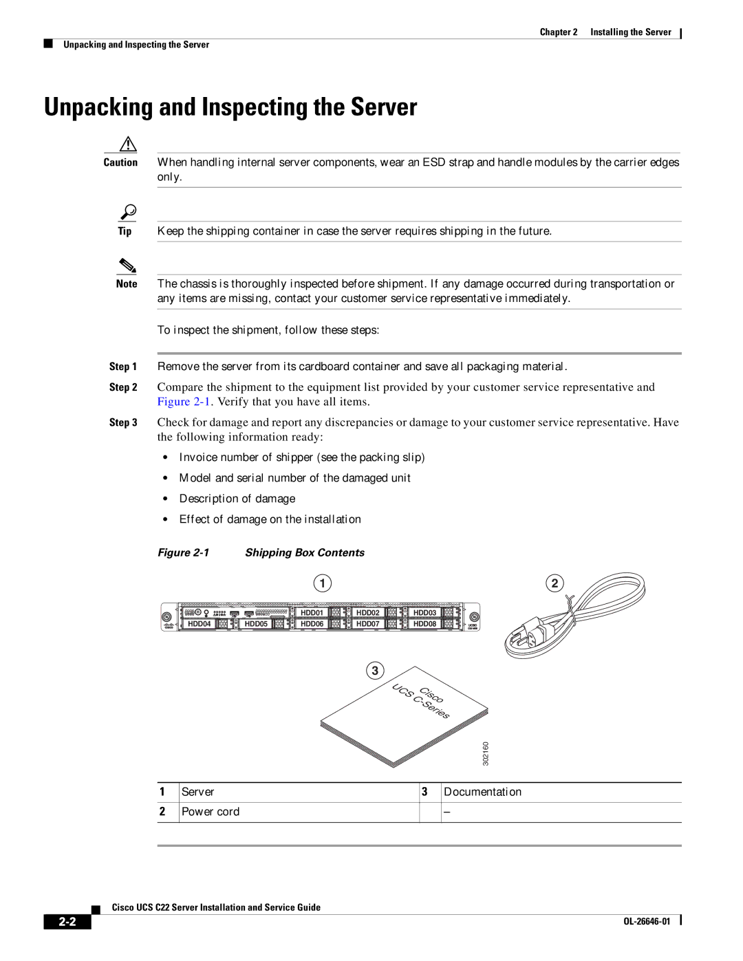 Cisco Systems OL-26646-01 manual Unpacking and Inspecting the Server, Server Documentation Power cord 