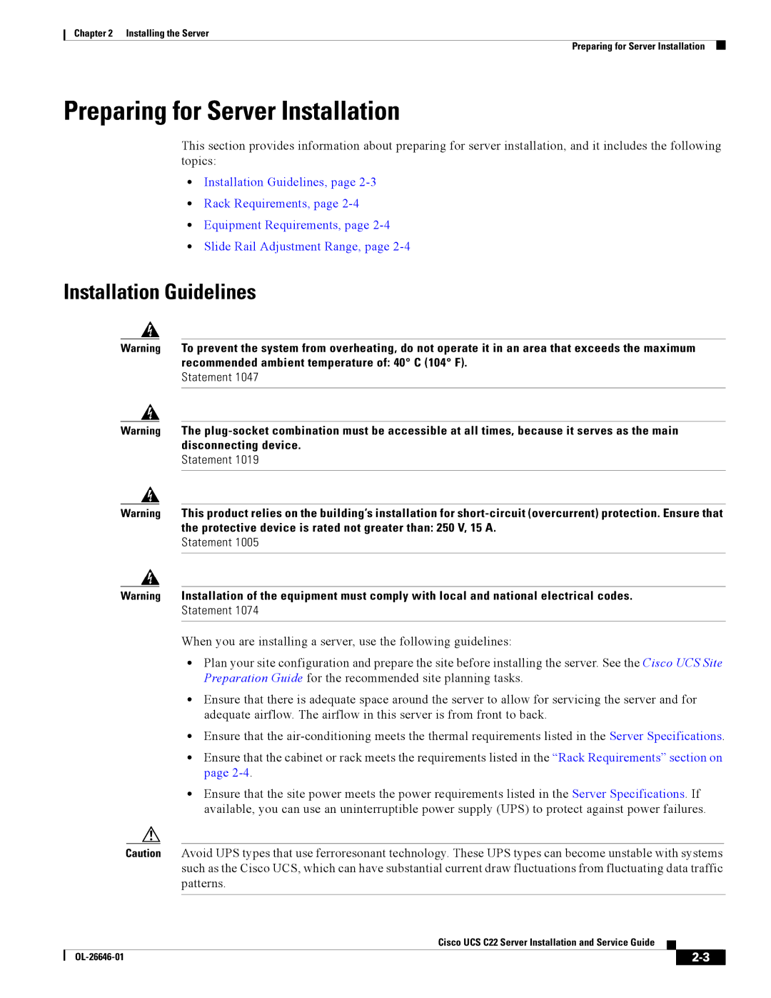 Cisco Systems OL-26646-01 manual Preparing for Server Installation, Installation Guidelines 