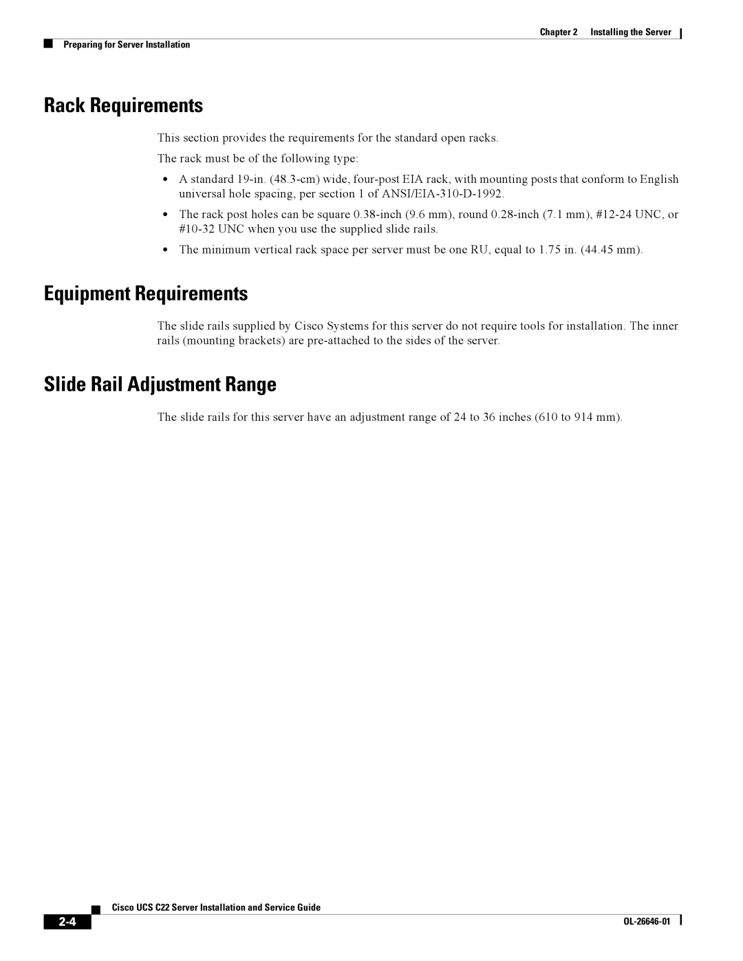 Cisco Systems OL-26646-01 manual Rack Requirements, Equipment Requirements, Slide Rail Adjustment Range 