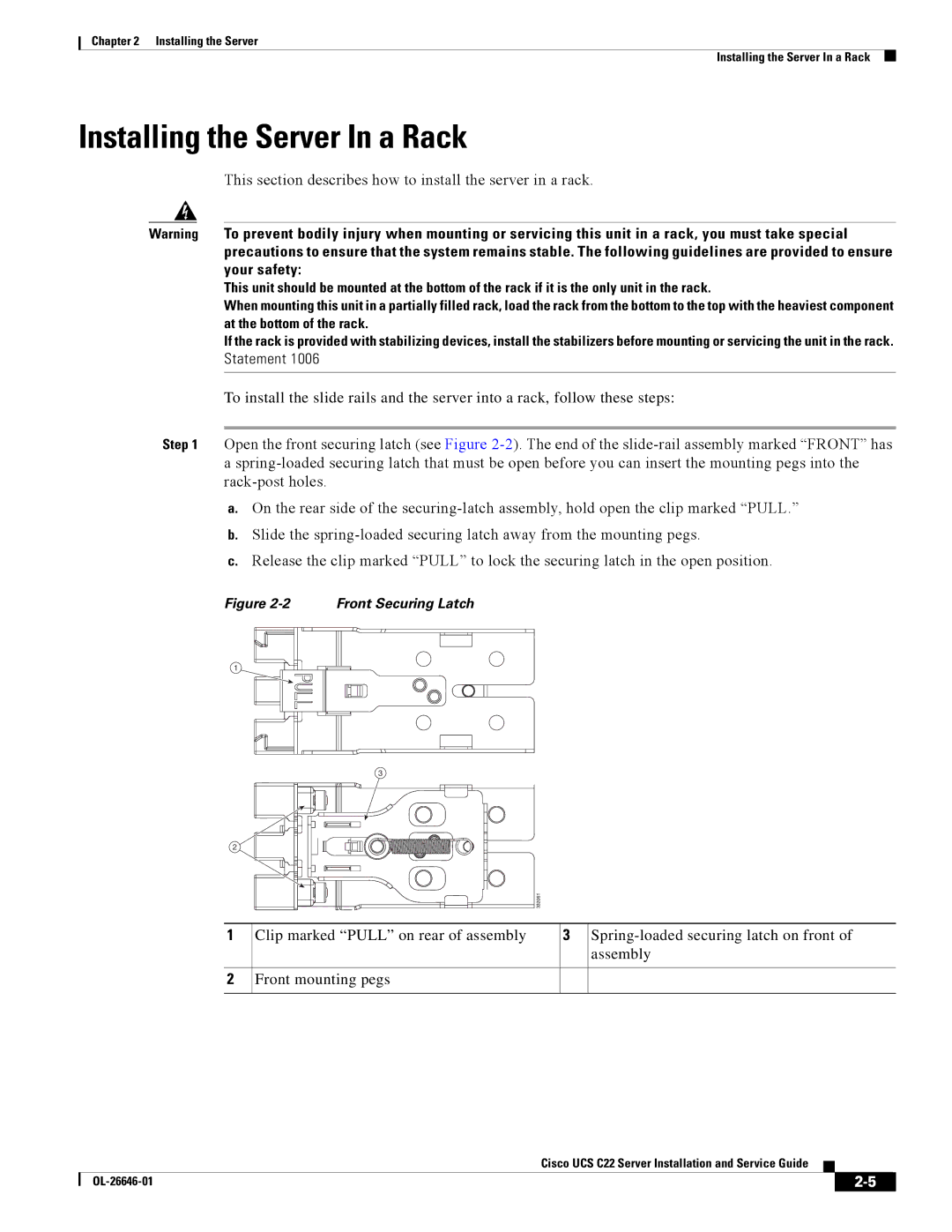 Cisco Systems OL-26646-01 Installing the Server In a Rack, This section describes how to install the server in a rack 