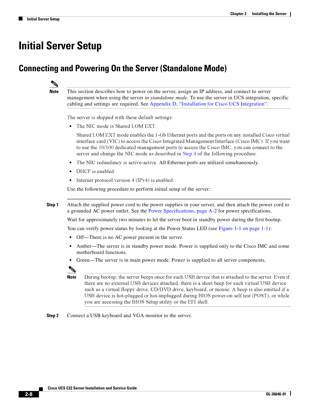 Cisco Systems OL-26646-01 manual Initial Server Setup, Connecting and Powering On the Server Standalone Mode 