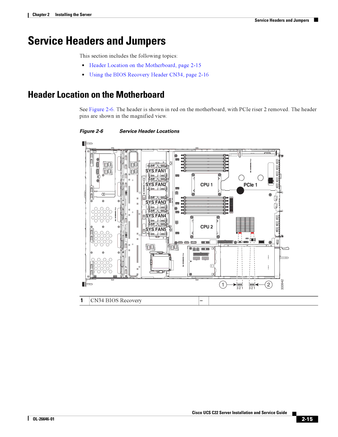 Cisco Systems OL-26646-01 manual Service Headers and Jumpers, Header Location on the Motherboard 