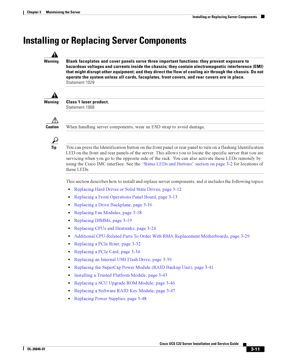 Cisco Systems OL-26646-01 manual Installing or Replacing Server Components 