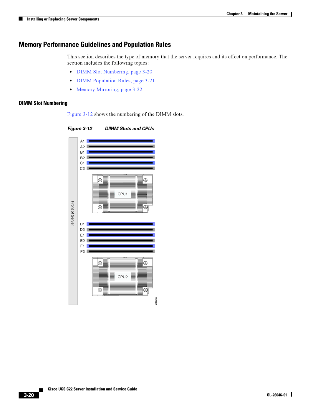 Cisco Systems OL-26646-01 manual Memory Performance Guidelines and Population Rules, Dimm Slot Numbering 