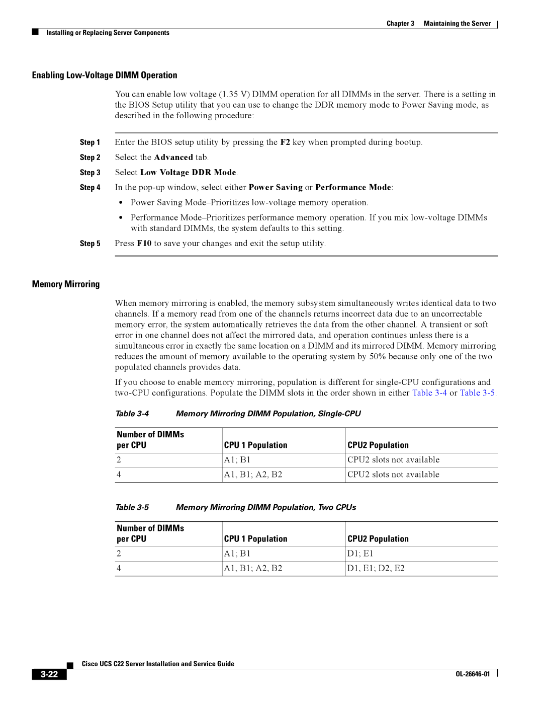 Cisco Systems OL-26646-01 Enabling Low-Voltage Dimm Operation, Memory Mirroring, A1 B1 D1 E1 A1, B1 A2, B2 D1, E1 D2, E2 