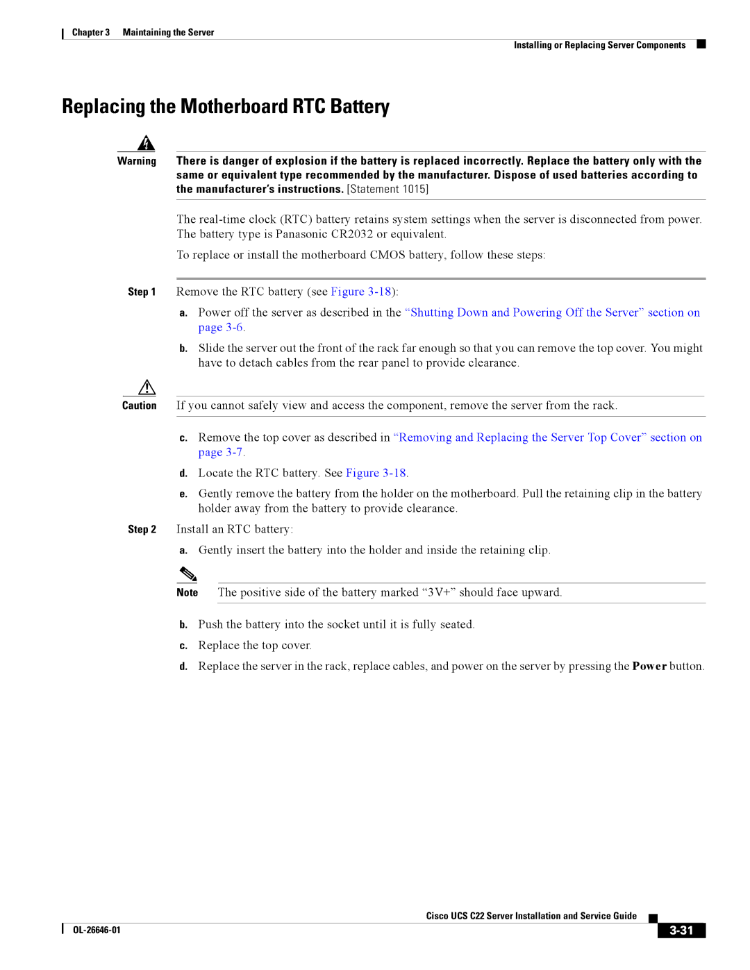 Cisco Systems OL-26646-01 manual Replacing the Motherboard RTC Battery 