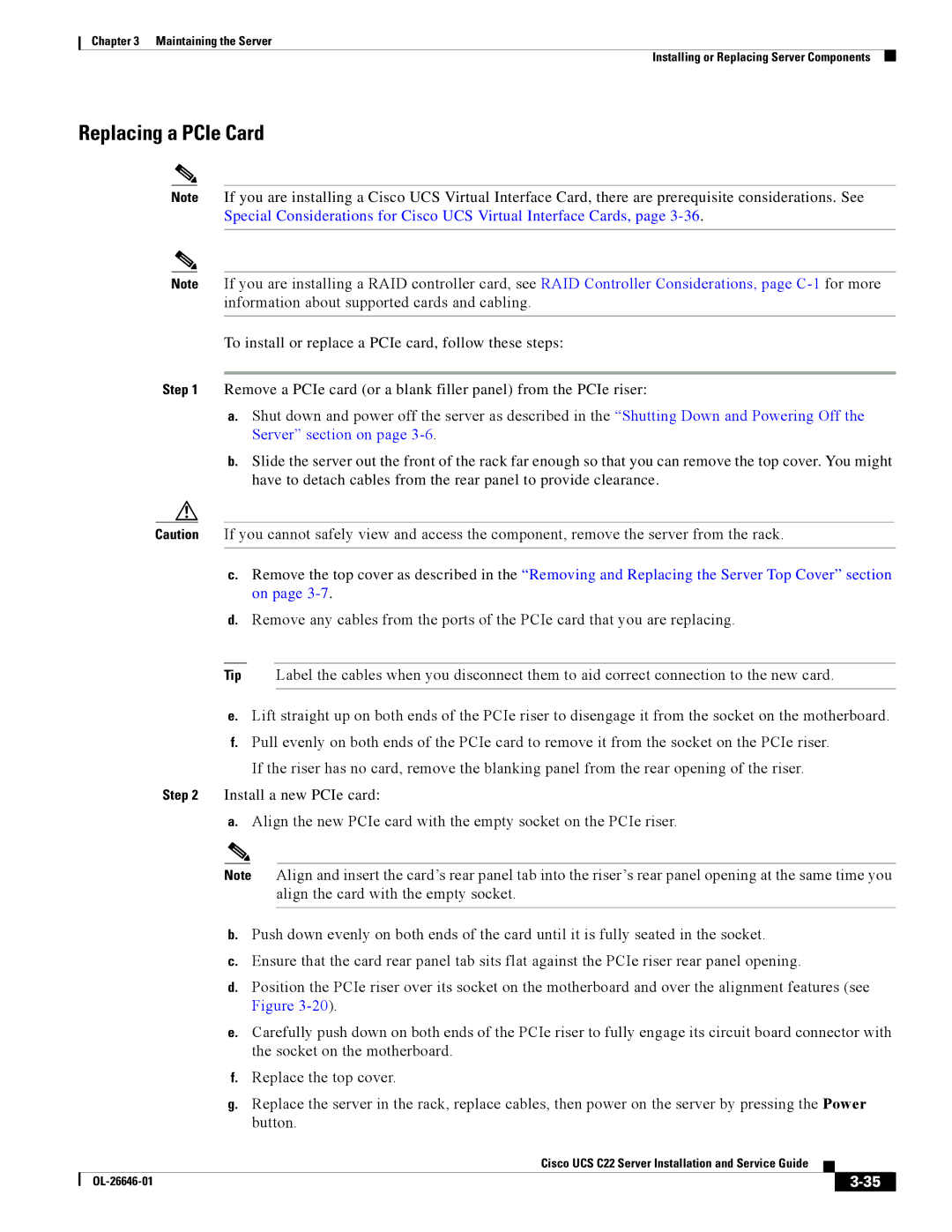 Cisco Systems OL-26646-01 manual Replacing a PCIe Card 