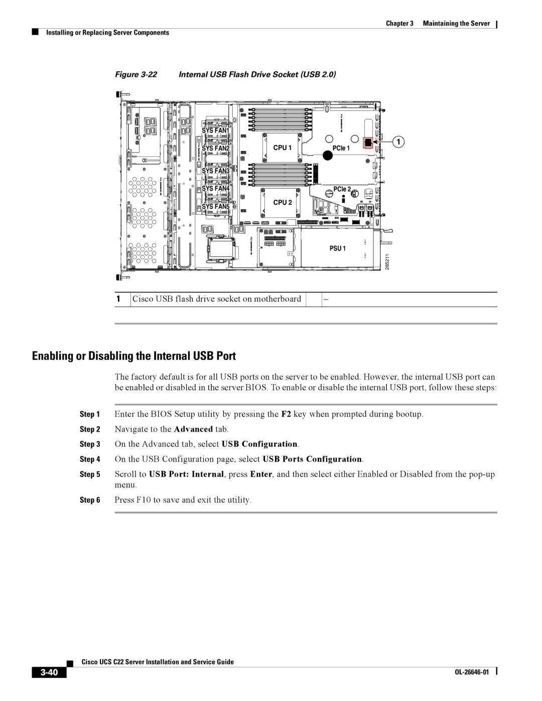 Cisco Systems OL-26646-01 manual Enabling or Disabling the Internal USB Port, Cisco USB flash drive socket on motherboard 